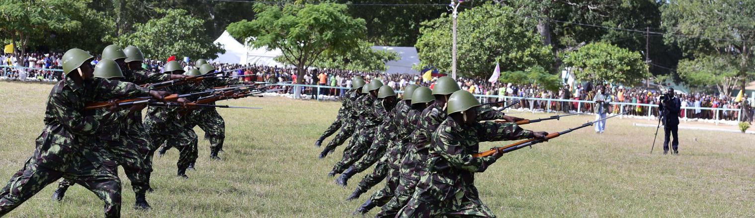 Soldiers of Mozambique demonstrate a stucco fight (sword fight) to the Ugandan team recently in Montepuez. PPU PHOTO